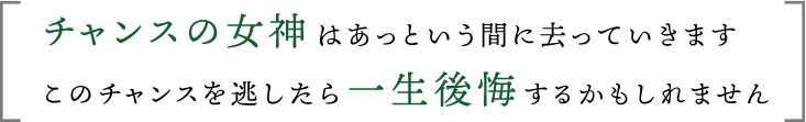 チャンスの女神はあっという間に去っていきます このチャンスを逃したら一生後悔するかもしれません